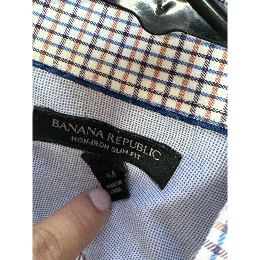 Banana Republic Mens Non-Iron Slim Fit Tattersall Check Button Down Shirt Blue M
